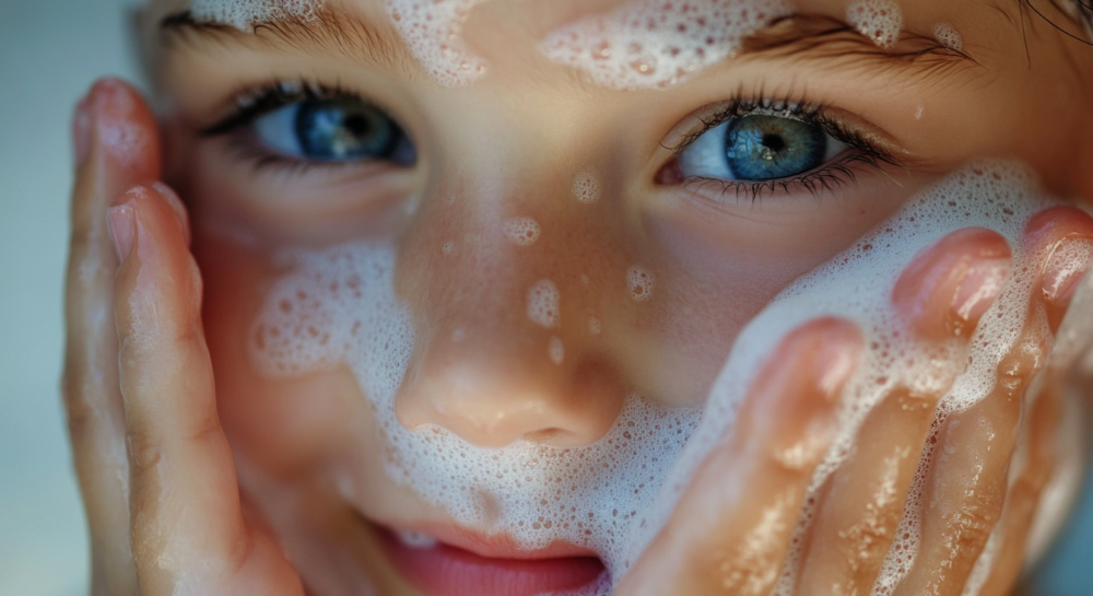 old caucasian girl washes her face. 634fc03f c259 4699 89c8 9b89b9ffd480