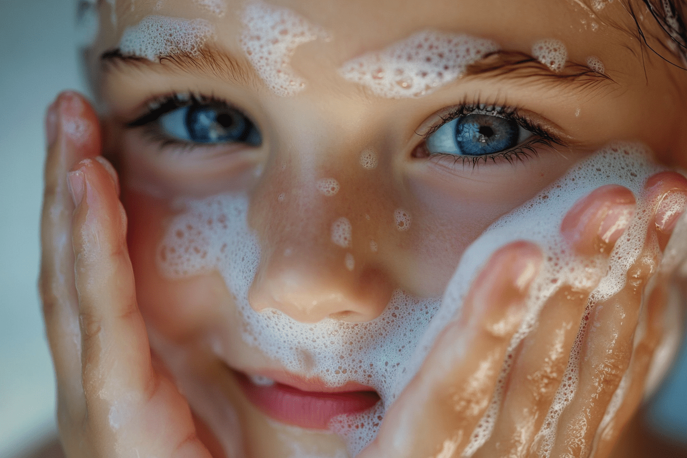 old caucasian girl washes her face. 634fc03f c259 4699 89c8 9b89b9ffd480